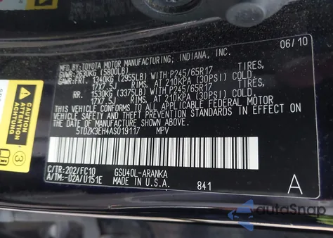 2010 Toyota Highlander Base V6 из США, поврежденный, VIN 5TDZK3EH4AS019117